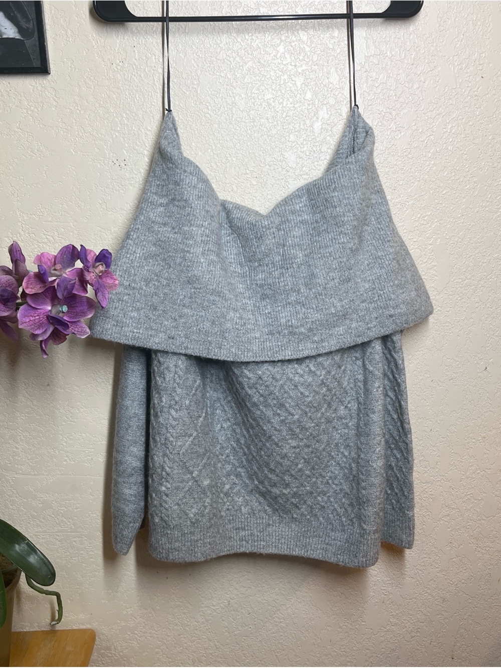 H&M Light Gray Off-Shoulder Cable Knit Sweater